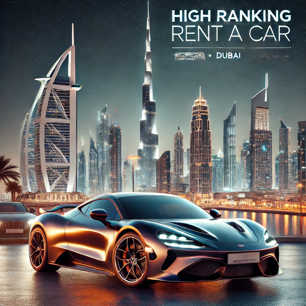 A luxury sports car with a glossy finish is parked in front of Dubai's futuristic skyline, featuring iconic landmarks like the Burj Khalifa and palm trees. The scene is set at dusk, with vibrant city lights reflecting off the car, creating an exclusive and high-end atmosphere. The branding subtly emphasizes 'high ranking' and 'rent a car,' blending into the elegant, modern ambiance of the city