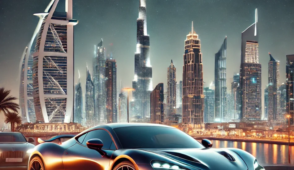 A luxury sports car with a glossy finish is parked in front of Dubai's futuristic skyline, featuring iconic landmarks like the Burj Khalifa and palm trees. The scene is set at dusk, with vibrant city lights reflecting off the car, creating an exclusive and high-end atmosphere. The branding subtly emphasizes 'high ranking' and 'rent a car,' blending into the elegant, modern ambiance of the city